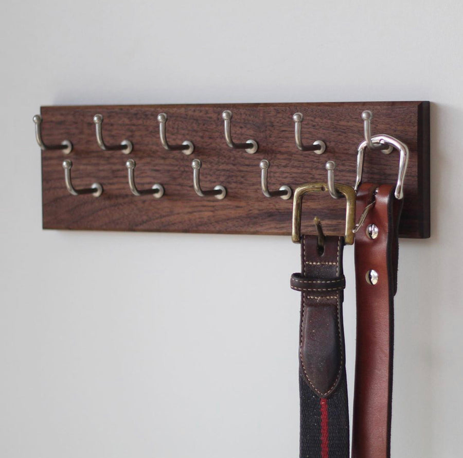 Walnut belt rack with 2 rows of hooks